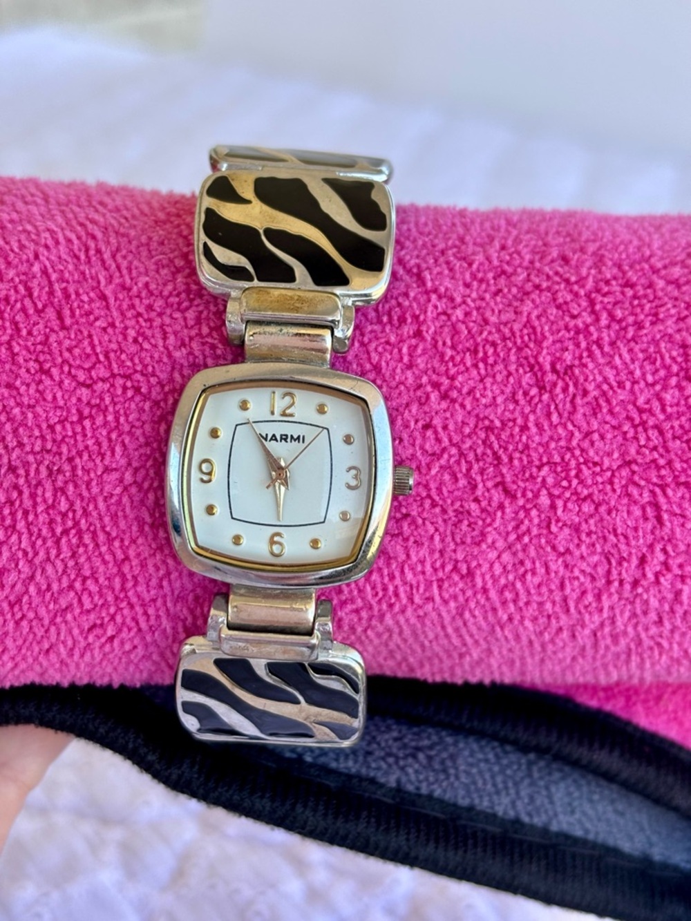 Vintage Narmi Zebra Cuff Watch Silver Black Hinged Bangle New Battery